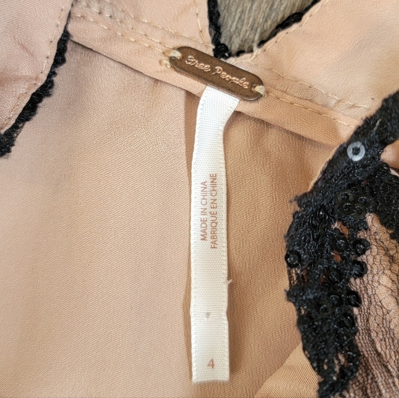 Free People Night Shimmers Micro Chemise Dress Woman's 4 Black Tan Sequined Lace - Picture 6 of 11